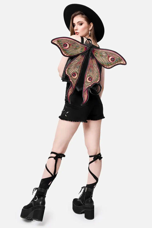 Schwarzer Rucksack METAMORPHOSIS BACKPACK mit grünen Mottenflügeln von Restyle