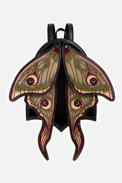 Schwarzer Rucksack METAMORPHOSIS BACKPACK mit grünen Mottenflügeln von Restyle
