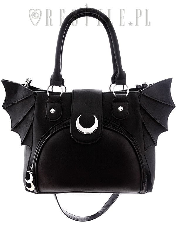 Schwarze Handtasche ELEGANT GOTH BAG im Fledermausflügeldesign und mit silerfarbendem Halbmond von Restyle