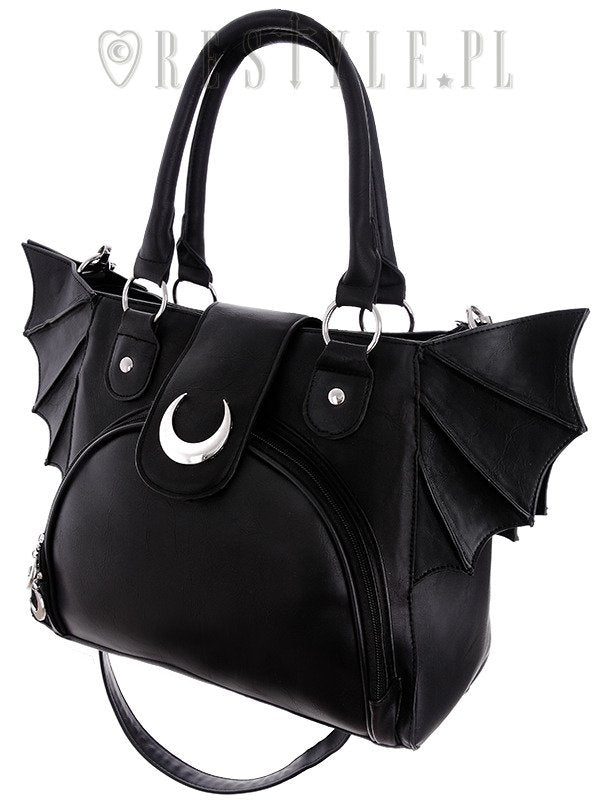 Schwarze Handtasche ELEGANT GOTH BAG im Fledermausflügeldesign und mit silerfarbendem Halbmond von Restyle