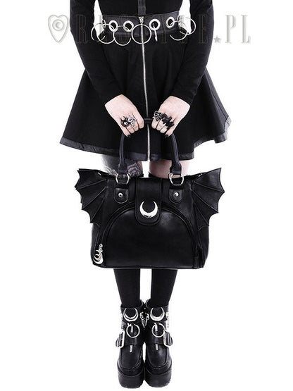 Schwarze Handtasche ELEGANT GOTH BAG im Fledermausflügeldesign und mit silerfarbendem Halbmond von Restyle