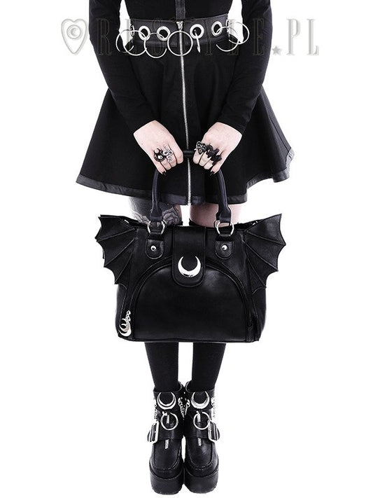 Schwarze Handtasche ELEGANT GOTH BAG im Fledermausflügeldesign und mit silerfarbendem Halbmond von Restyle