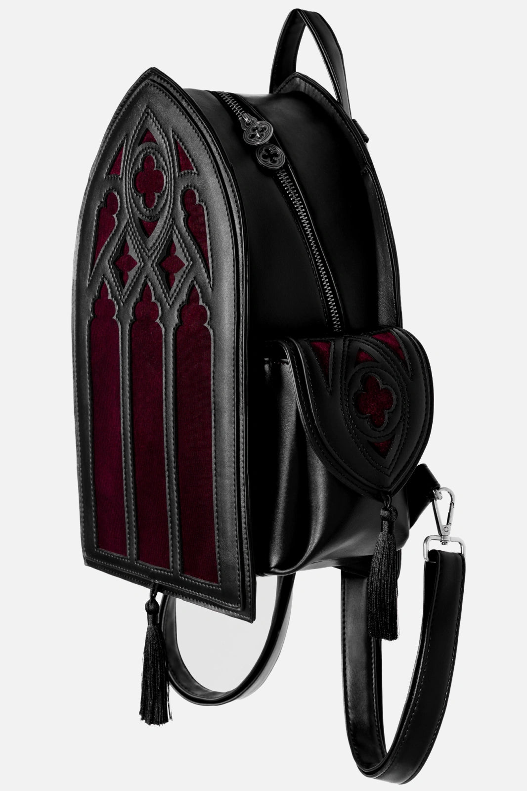 Schwarzer Rucksack RUBRUM LUX BACKPACK mit dunkelroten Samteinsätzen von Restyle