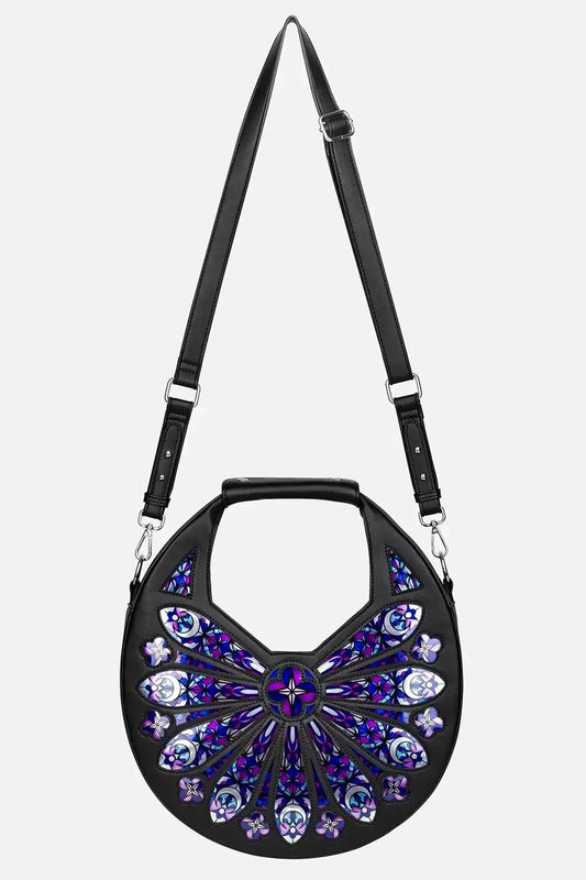 Schwarze Tasche SACRED ROSE SHOULDER BAG mit Kathedralenfensterdesign von Restyle