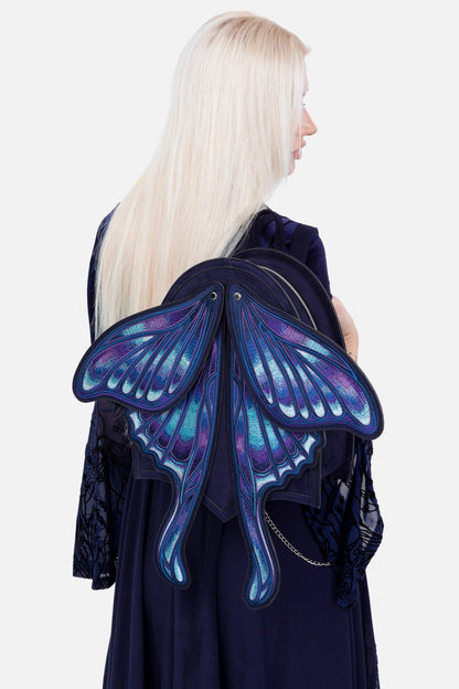 Schwarzer Rucksack SAPPHIRE MOTH BACKPACK mit blauen Mottenflügeln von Restyle