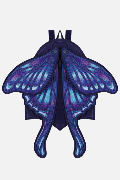 Schwarzer Rucksack SAPPHIRE MOTH BACKPACK mit blauen Mottenflügeln von Restyle