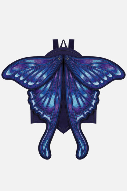 Schwarzer Rucksack SAPPHIRE MOTH BACKPACK mit blauen Mottenflügeln von Restyle