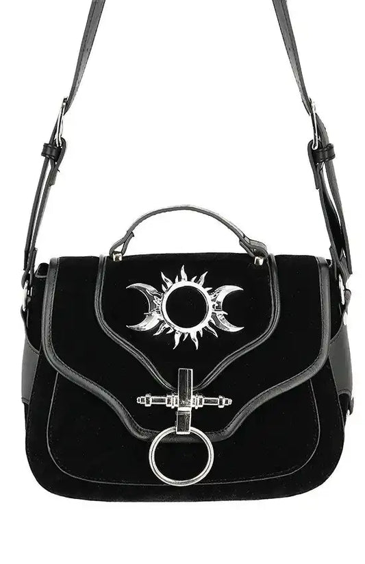 Schwarze Tasche TRIPLE GODDESS BAG mit Mond und Sonnenornament von Restyle