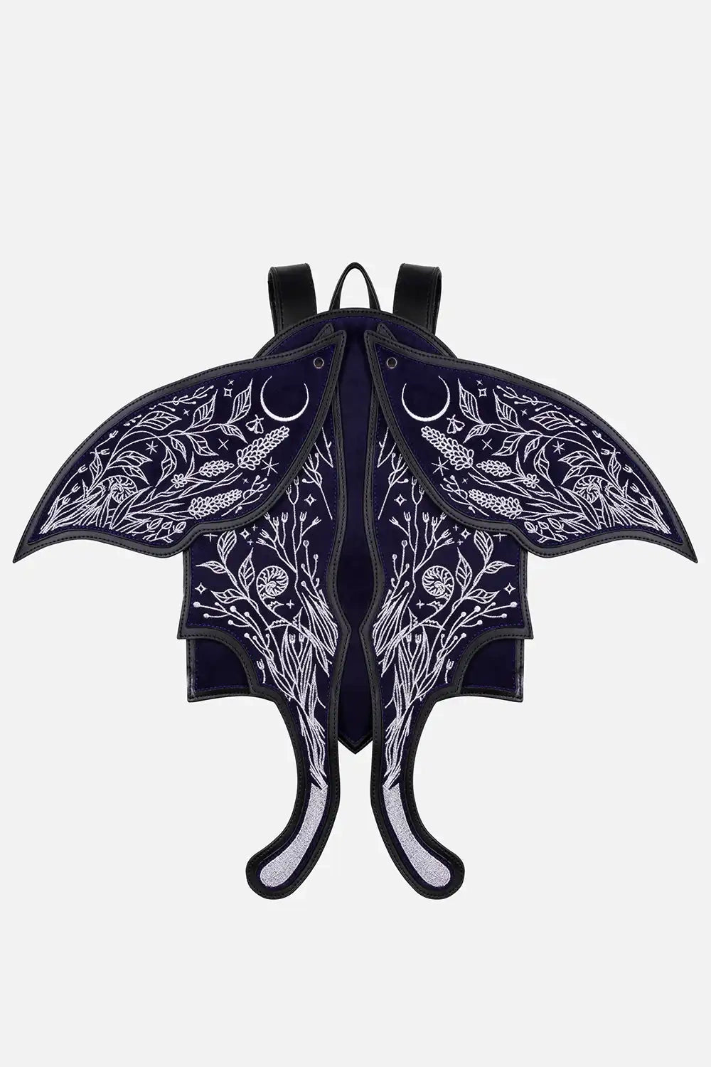 Blauer Rucksack UMBRA NOCTIS MOTH BACKPACK mit weiß bestickten Mottenflügeln von Restyle