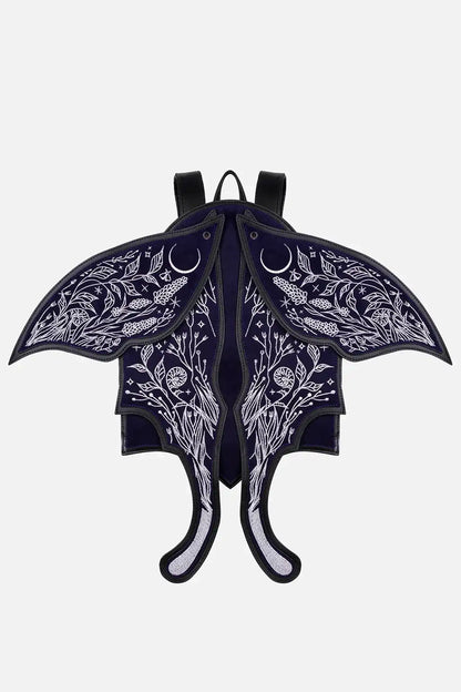 Blauer Rucksack UMBRA NOCTIS MOTH BACKPACK mit weiß bestickten Mottenflügeln von Restyle