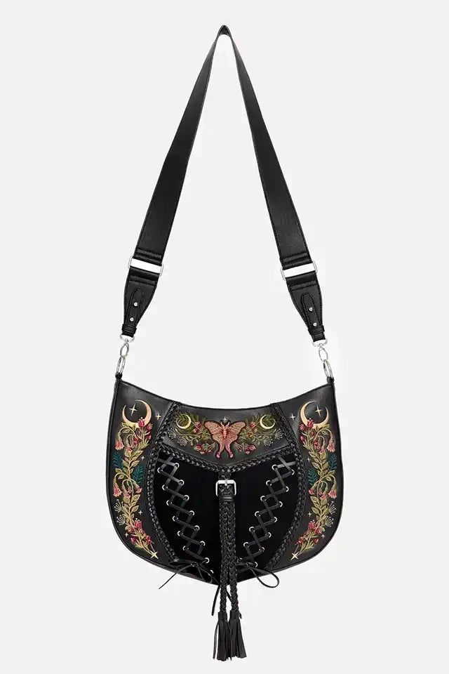 Schwarze Tasche WILD INCANTATIONS BAG mit Mottenstickerei von Restyle