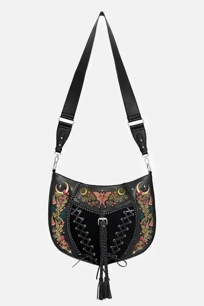 Schwarze Tasche WILD INCANTATIONS BAG mit Mottenstickerei von Restyle