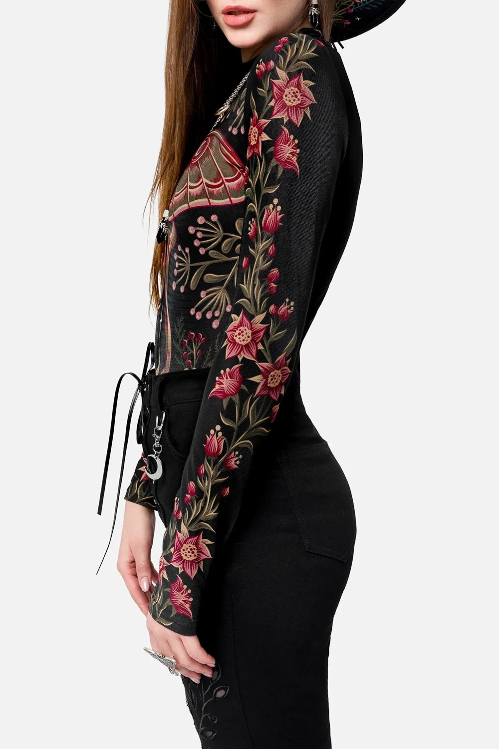 Schwarzer Body WILDERWOOD MESH BODYSUIT aus Meshstoff und mit Mottenprint von Restyle