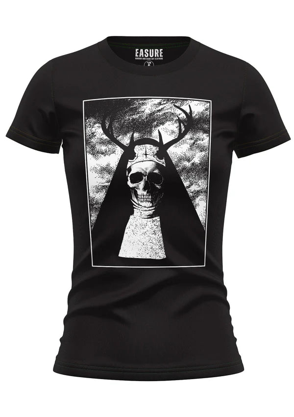 Schwarzes Oberteil NUN Girlie Shirt mit großem Skelettnonnenprint von Easure