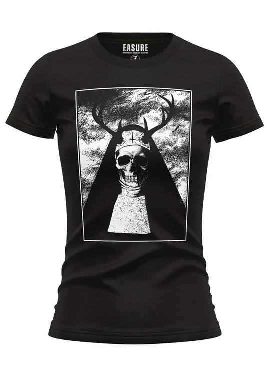 Schwarzes Oberteil NUN Girlie Shirt mit großem Skelettnonnenprint von Easure