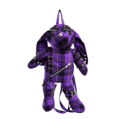 Lila-schwarz-karierter, hasenförmiger Rucksack EVIL BUNNY BAG PURPLE mit vielen Details von Heartless