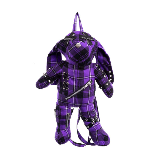 Lila-schwarz-karierter, hasenförmiger Rucksack EVIL BUNNY BAG PURPLE mit vielen Details von Heartless