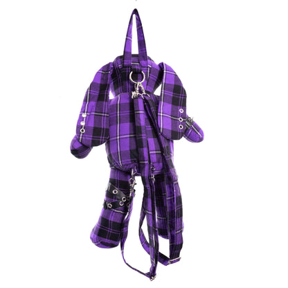 Rückseite lila-schwarz-karierter, hasenförmiger Rucksack EVIL BUNNY BAG PURPLE mit vielen Details von Heartless