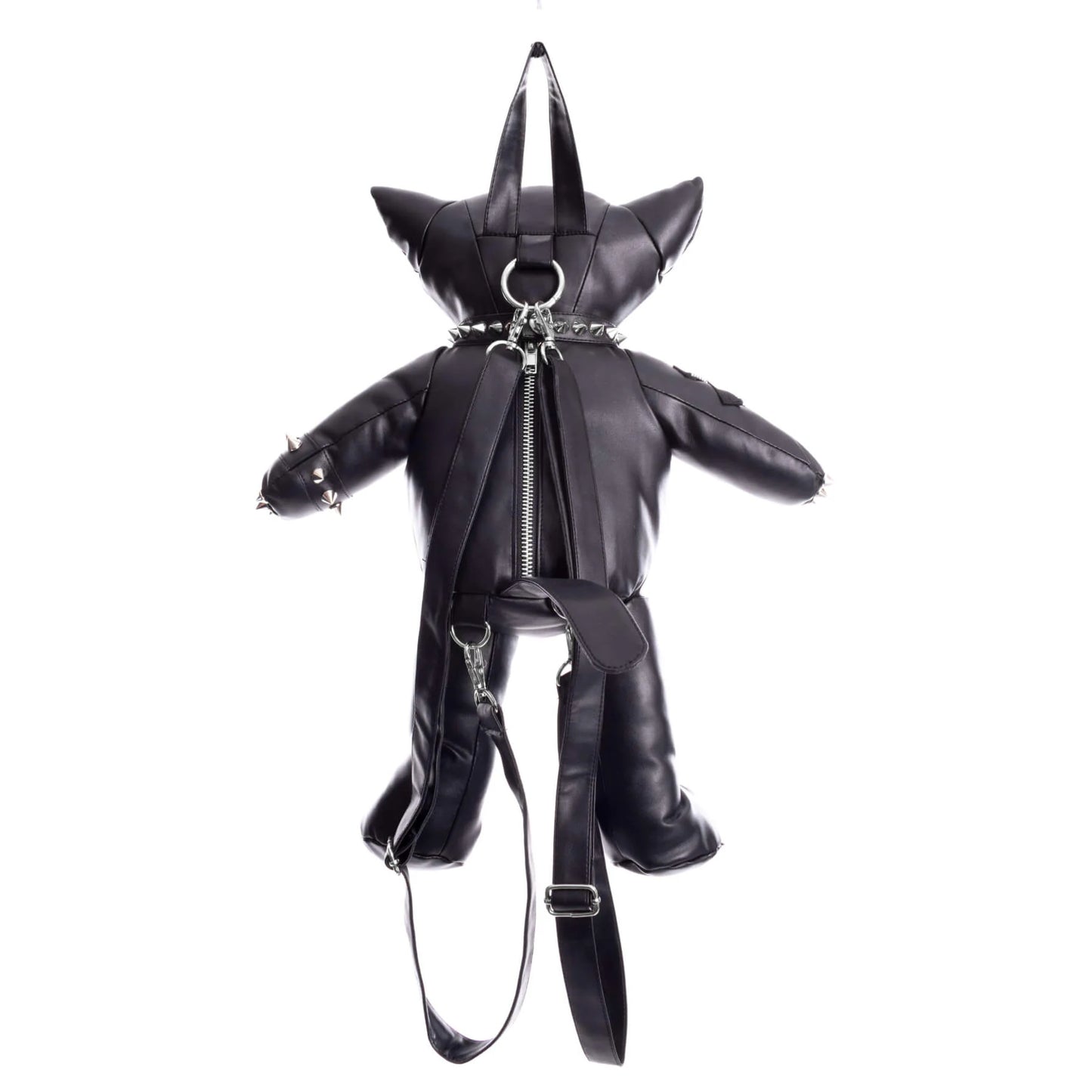 Rückseite schwarzer, katzenförmiger Rucksack EVIL KITTY BAG PVC mit vielen Details von Heartless