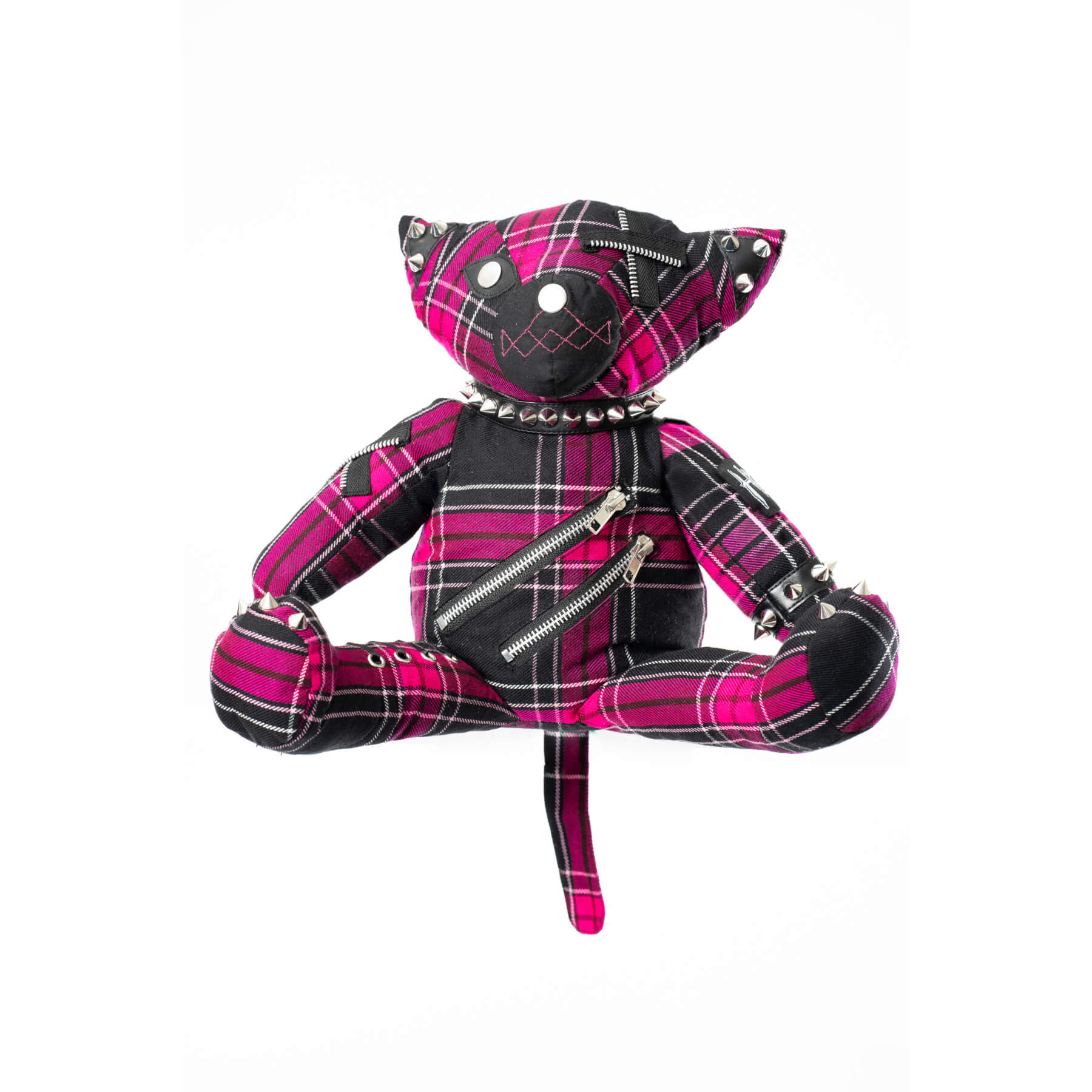 Pink-schwarz-karierter, katzenförmiger Rucksack EVIL KITTY BAG PINK mit vielen Details von Heartless