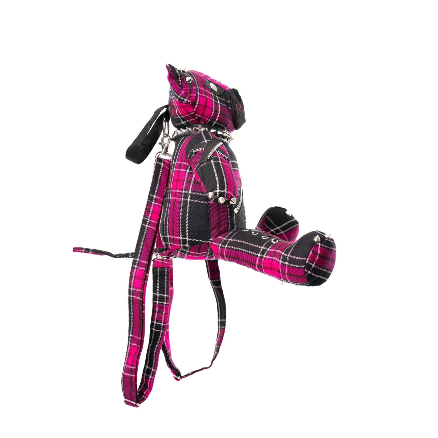 Pink-schwarz-karierter, katzenförmiger Rucksack EVIL KITTY BAG PINK mit vielen Details von Heartless