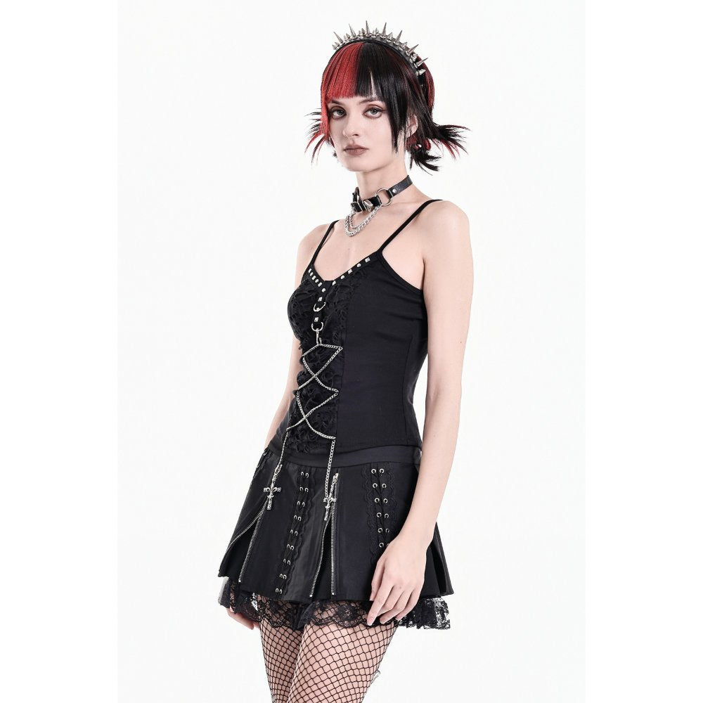 Schwarzes, enges Oberteil Chained Thorn Top im Distressed-Look mit Zierketten und Nieten von Dark In Love