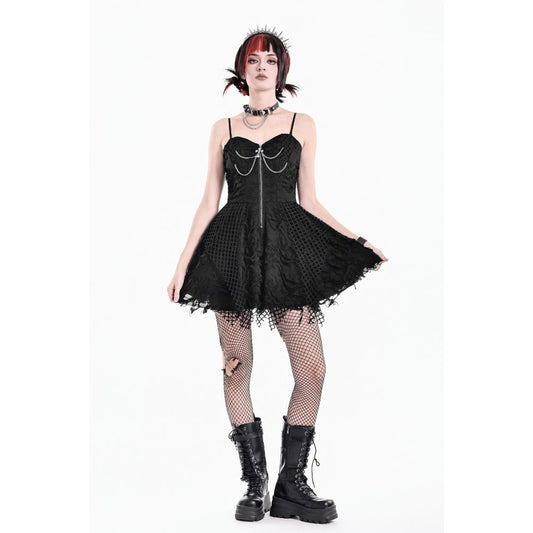 Schwarzes, kurzes Kleid Wasteland Fission Dress im Distressed-Look mit Zierketten und Kreuzanhänger von Dark In Love