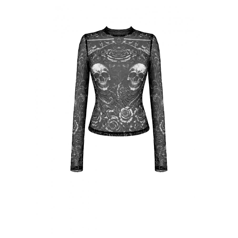 Schwarzes Meshoberteil Skull And Floral Vine Top von Dark In Love