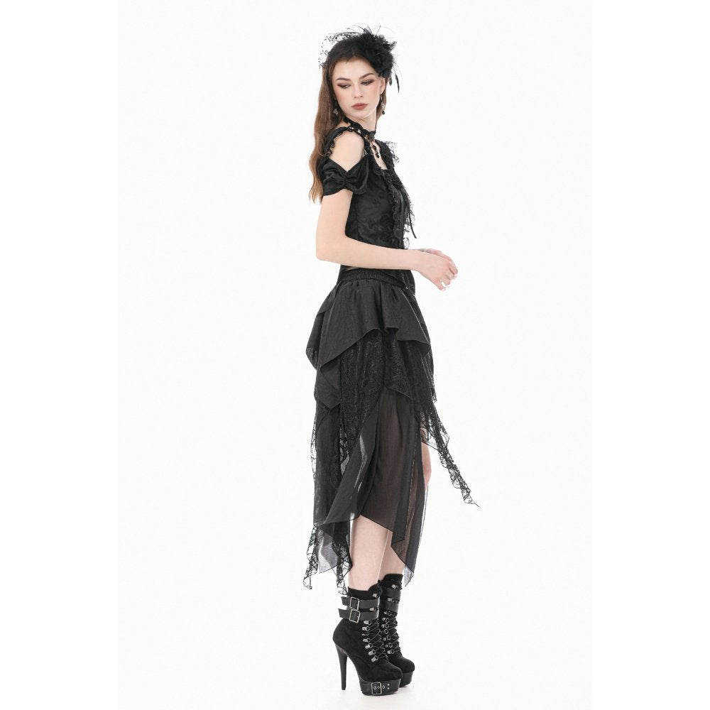 Schwarzes Oberteil Gothic Court-Style Top mit Spitzenbesatz und Rosendetails von Dark In Love