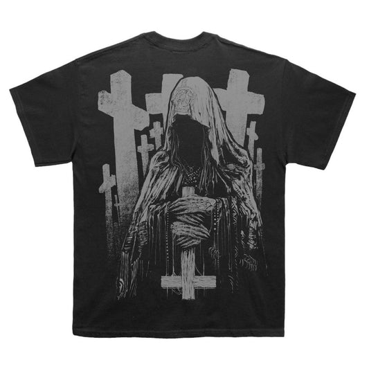 Schwarzes ANIMAS NOSTROS T-Shirt mit großem Backprint und kleinem Logo auf der Vorderseite von Godmachine