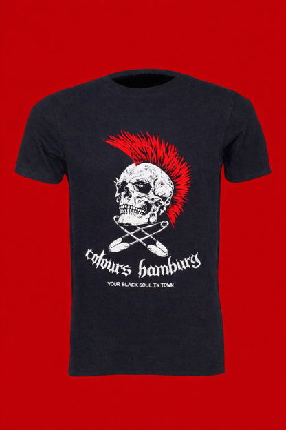 Schwarze Shirt Redd Skull T-SHIRT mit Totenkopfprint und rotem Irokesen mit Colours Branding