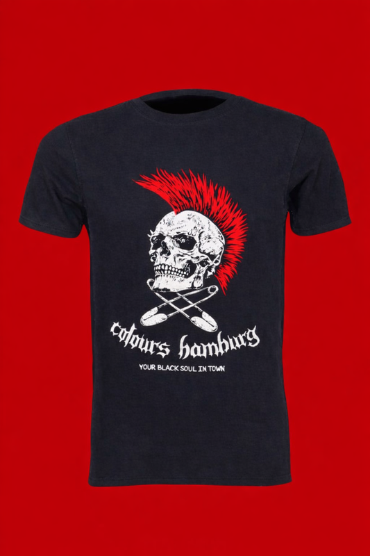 Schwarze Shirt Redd Skull T-SHIRT mit Totenkopfprint und rotem Irokesen mit Colours Branding