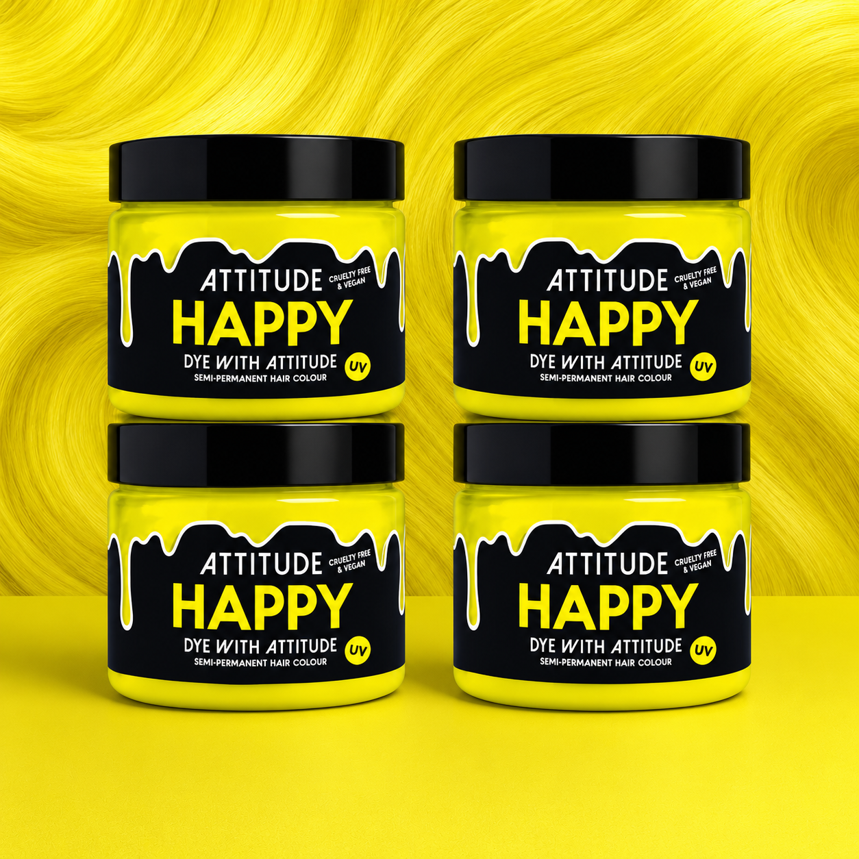 Vier semi-permanente Haartönungen 4er-Sparset HAPPY UV in dem Farbton Neongelb von Attitude