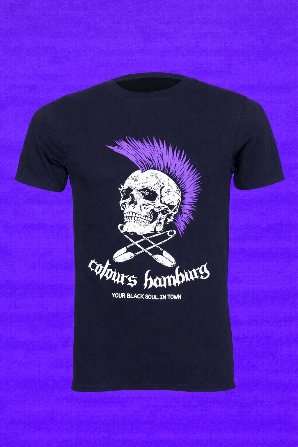 Schwarze Shirt Purple Skull T-SHIRT mit Totenkopfprint und lilanem Irokesen mit Colours Branding