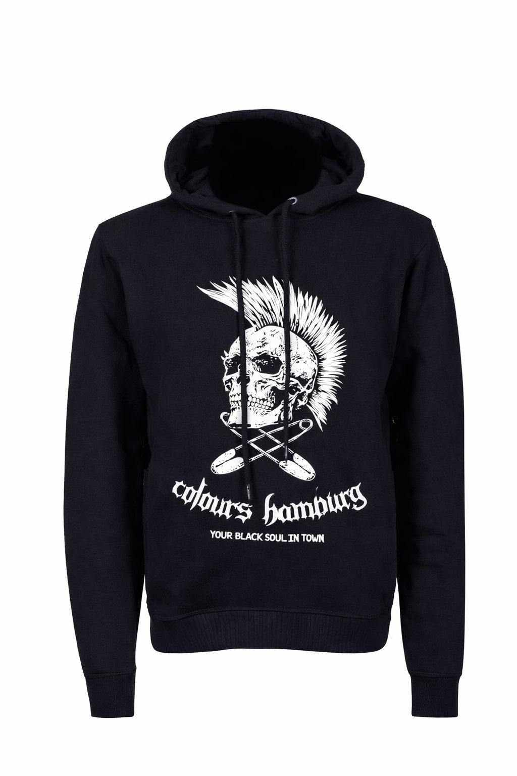 Schwarzer Kapuzenpullover White Skull Hoodie mit Totenkopfprint und weißem Irokesen mit Colours Branding