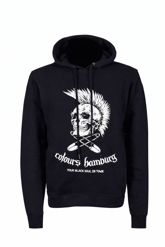 Schwarzer Kapuzenpullover White Skull Hoodie mit Totenkopfprint und weißem Irokesen mit Colours Branding