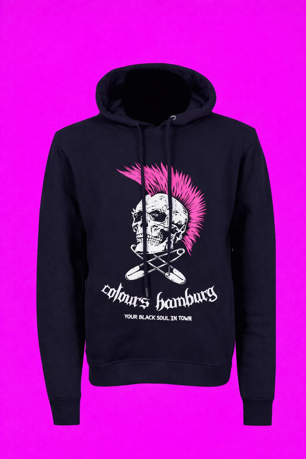 Schwarzer Kapuzenpullover Pink Skull Hoodie mit Totenkopfprint und pinkem Irokesen mit Colours Branding