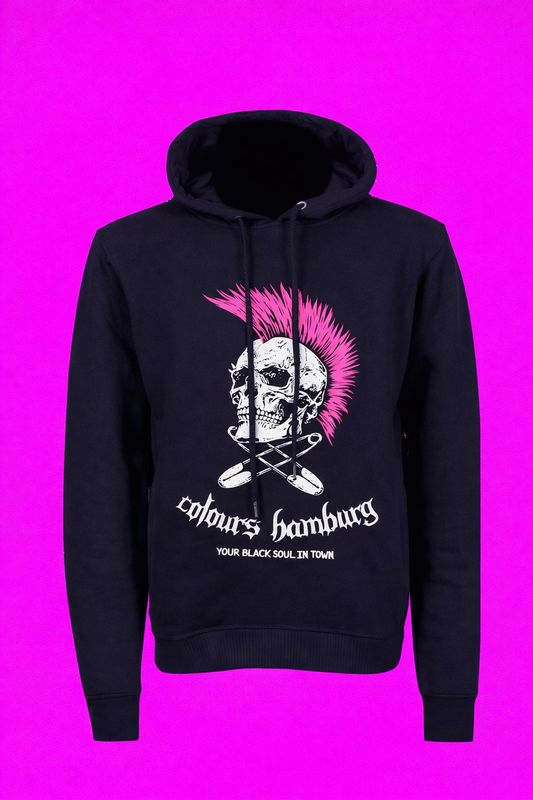 Schwarzer Kapuzenpullover Pink Skull Hoodie mit Totenkopfprint und pinkem Irokesen mit Colours Branding