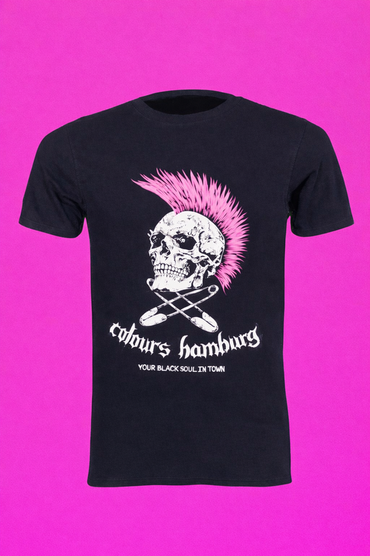 Schwarze Shirt Pink Skull T-SHIRT mit Totenkopfprint und pinkem Irokesen mit Colours Branding