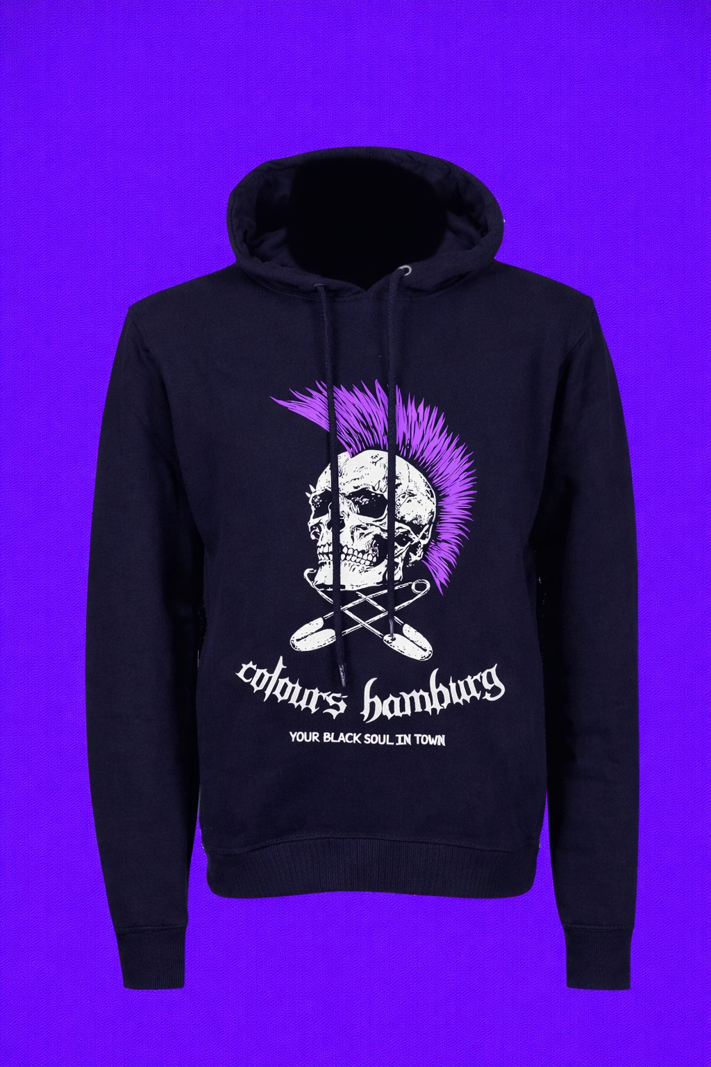 Schwarzer Kapuzenpullover Purple Skull Hoodie mit Totenkopfprint und lilanem Irokesen mit Colours Branding
