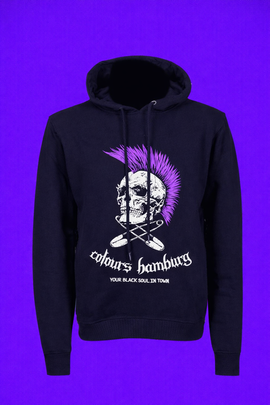 Schwarzer Kapuzenpullover Purple Skull Hoodie mit Totenkopfprint und lilanem Irokesen mit Colours Branding