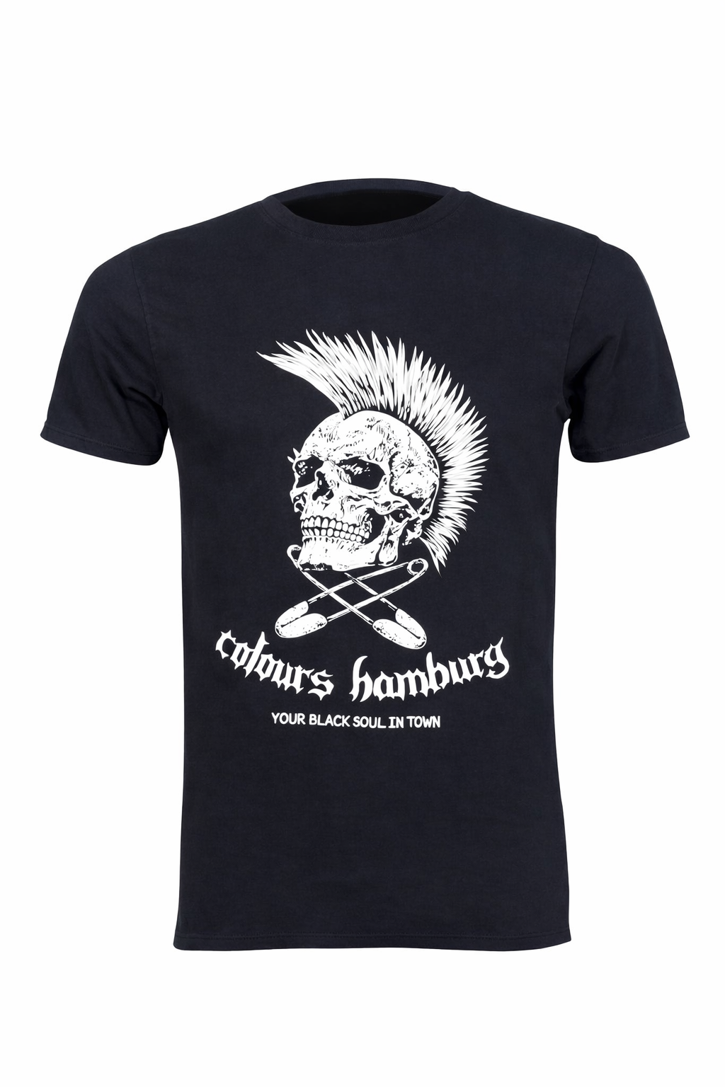 Schwarze Shirt White Skull T-SHIRT mit Totenkopfprint und weißem Irokesen mit Colours Branding