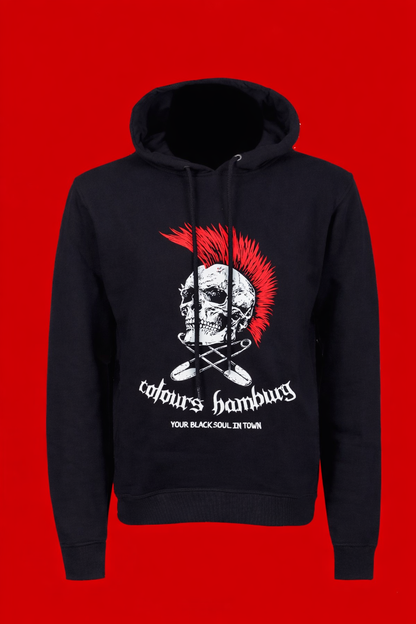 Schwarzer Kapuzenpullover Red Skull Hoodie mit Totenkopfprint und rotem Irokesen mit Colours Branding