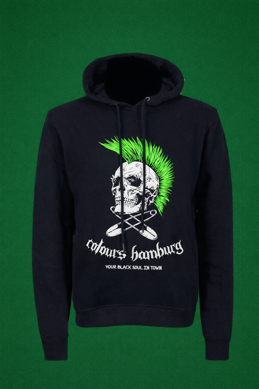 Schwarzer Kapuzenpullover Green Skull Hoodie mit Totenkopfprint und grünem Irokesen mit Colours Branding