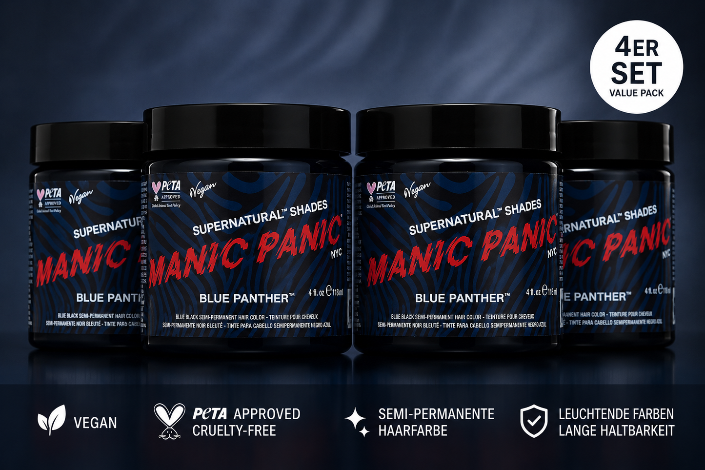 Vier semi-permanente Haartönungen 4er-Sparset BLUE PANTHER in dem Farbton Blauschwarz von Manic Panic