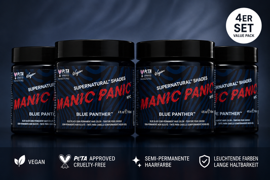 Vier semi-permanente Haartönungen 4er-Sparset BLUE PANTHER in dem Farbton Blauschwarz von Manic Panic