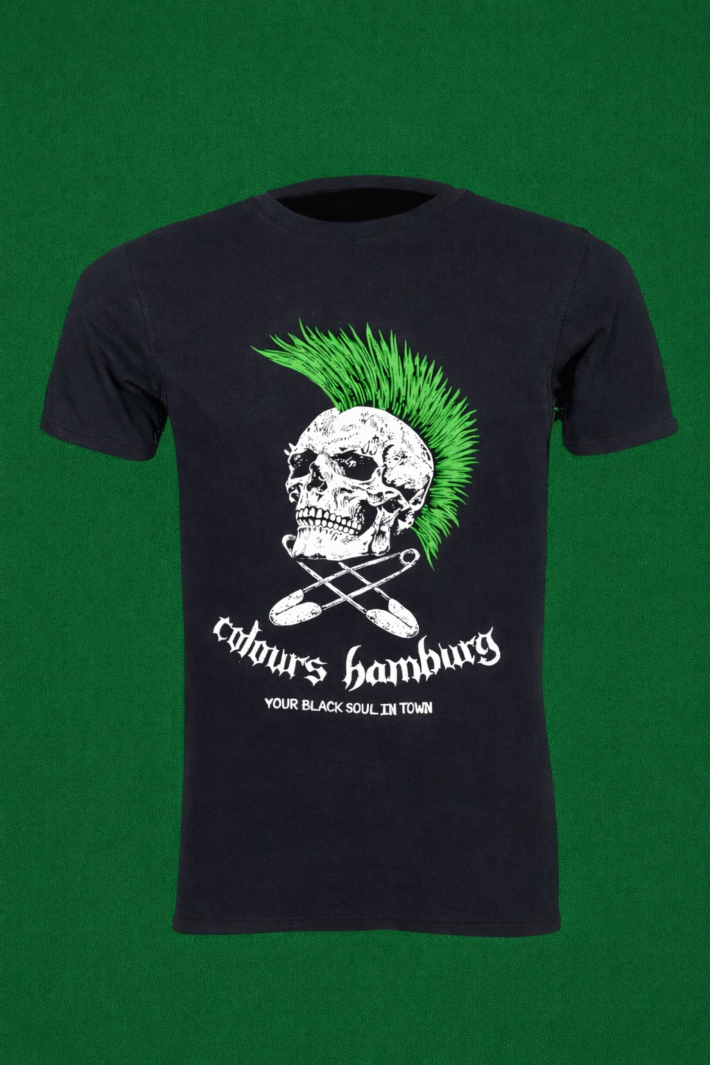 Schwarze Shirt Green Skull T-SHIRT mit Totenkopfprint und grünem Irokesen mit Colours Branding