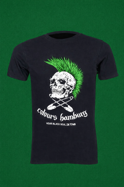 Schwarze Shirt Green Skull T-SHIRT mit Totenkopfprint und grünem Irokesen mit Colours Branding