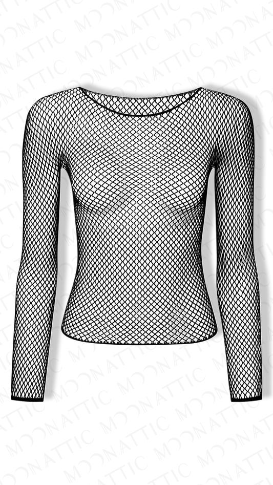 Schwarzes, langärmliges Netzoberteil FISHNET TOP von Moon Attic