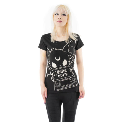 Schwarzes GAME OVER TSHIRT mit weißem Fledermaus- und Gameboyprint von Cupcake Cult